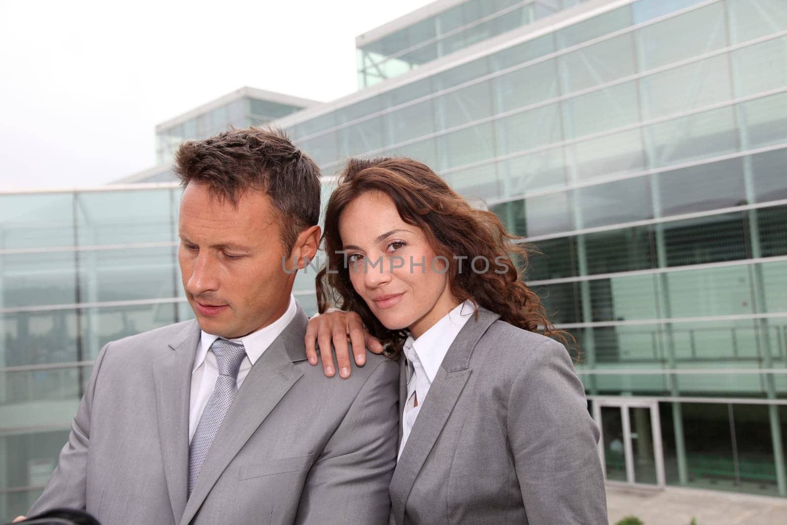 Business team meeting in front of building of offices