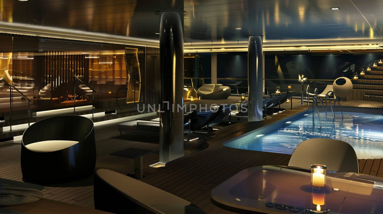 Luxurious yacht interior with modern pool and elegant lighting.