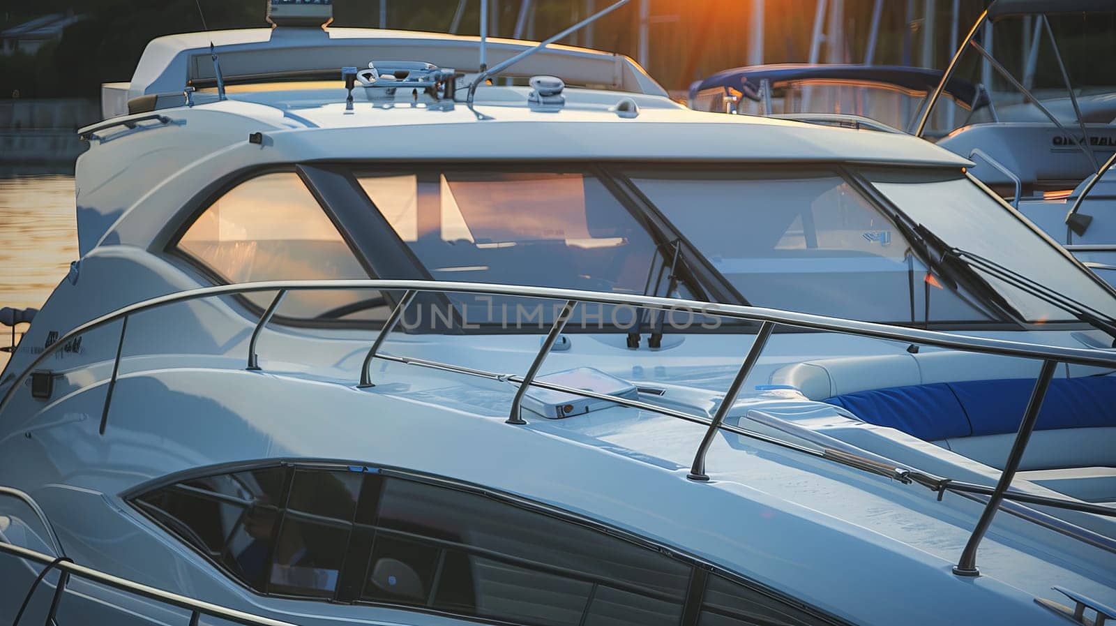 Luxury yacht at sunset in marina with sunlit reflections and elegant design.