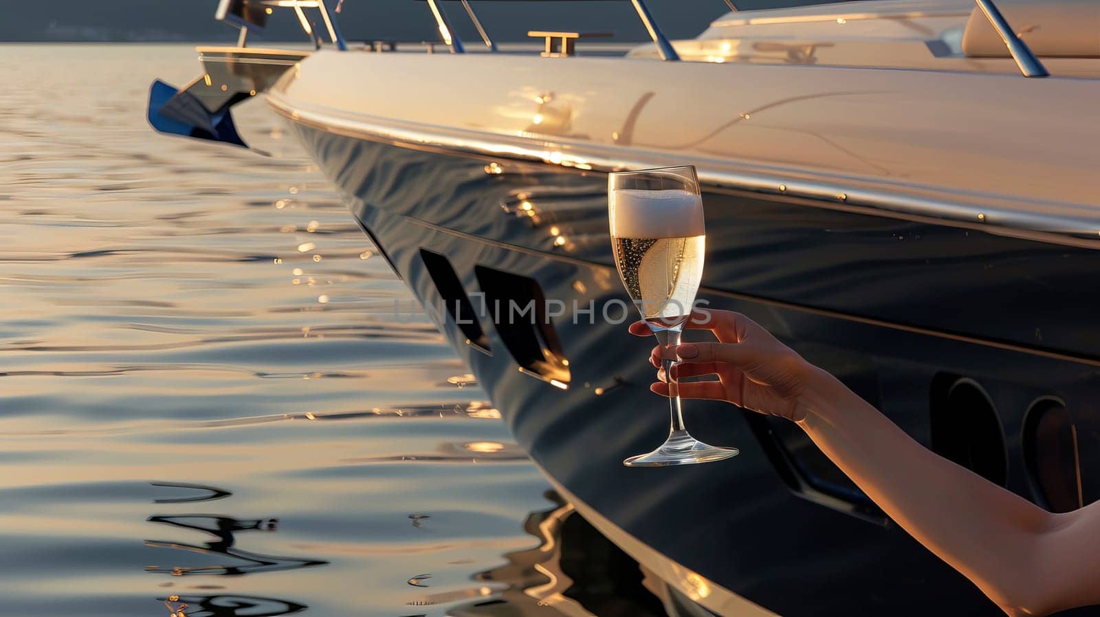 Yacht at sunset with hand holding champagne glass on peaceful water.