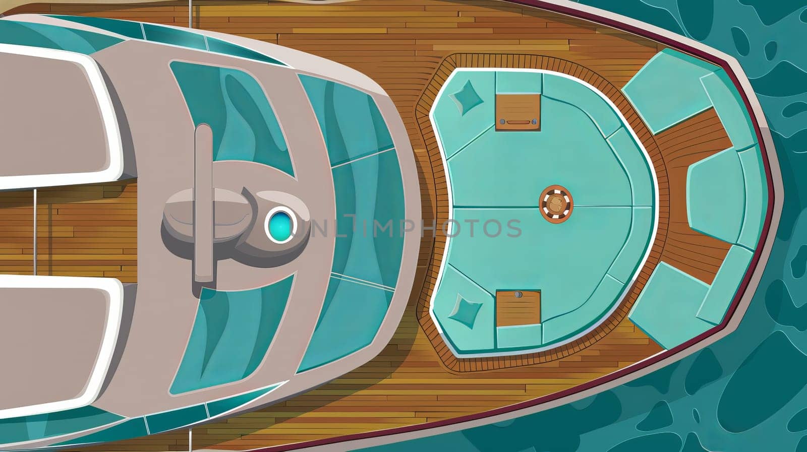 Aerial view of luxury yacht deck and jacuzzi on open sea.