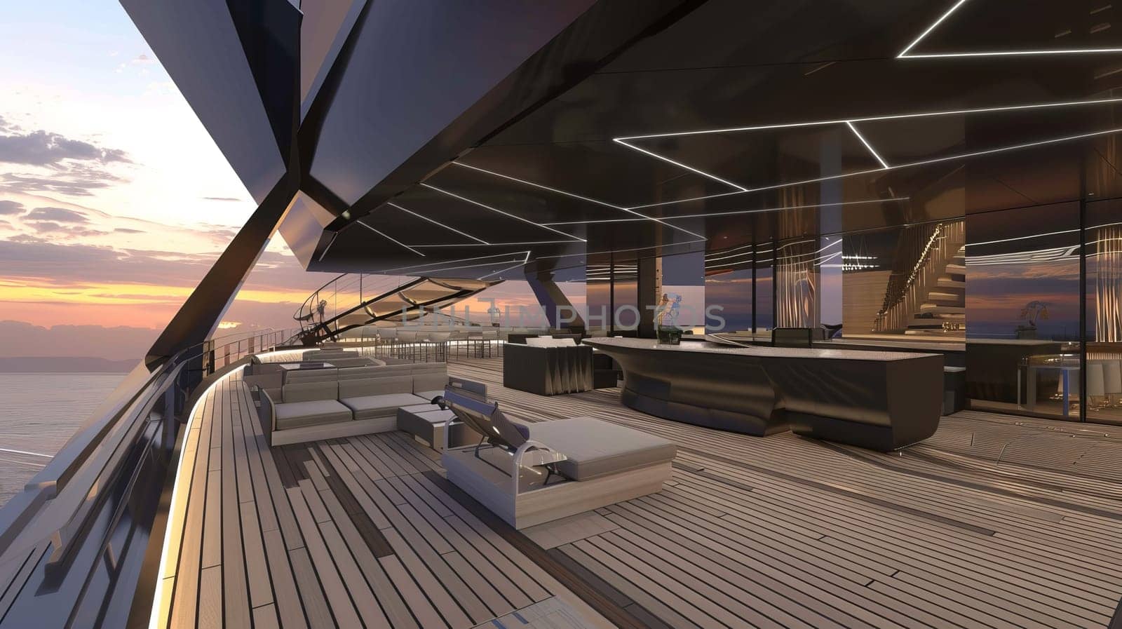 Luxury modern yacht interior with sunset view and sleek design features.