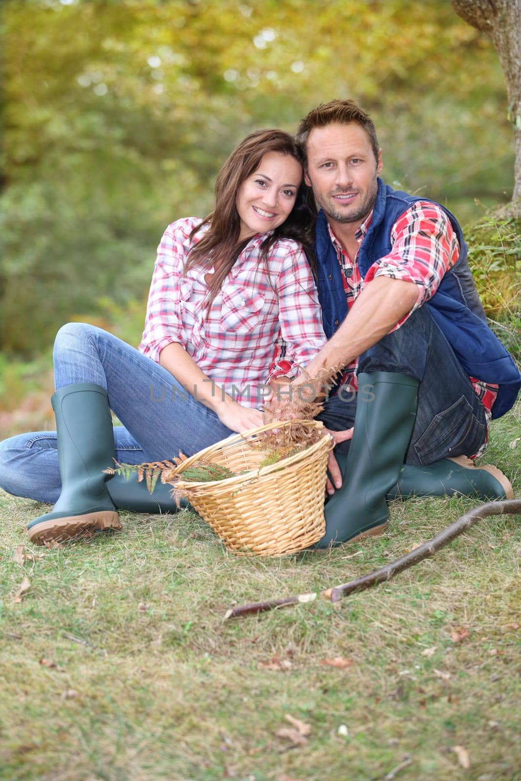 Couple in forest picking mushrooms in autumn