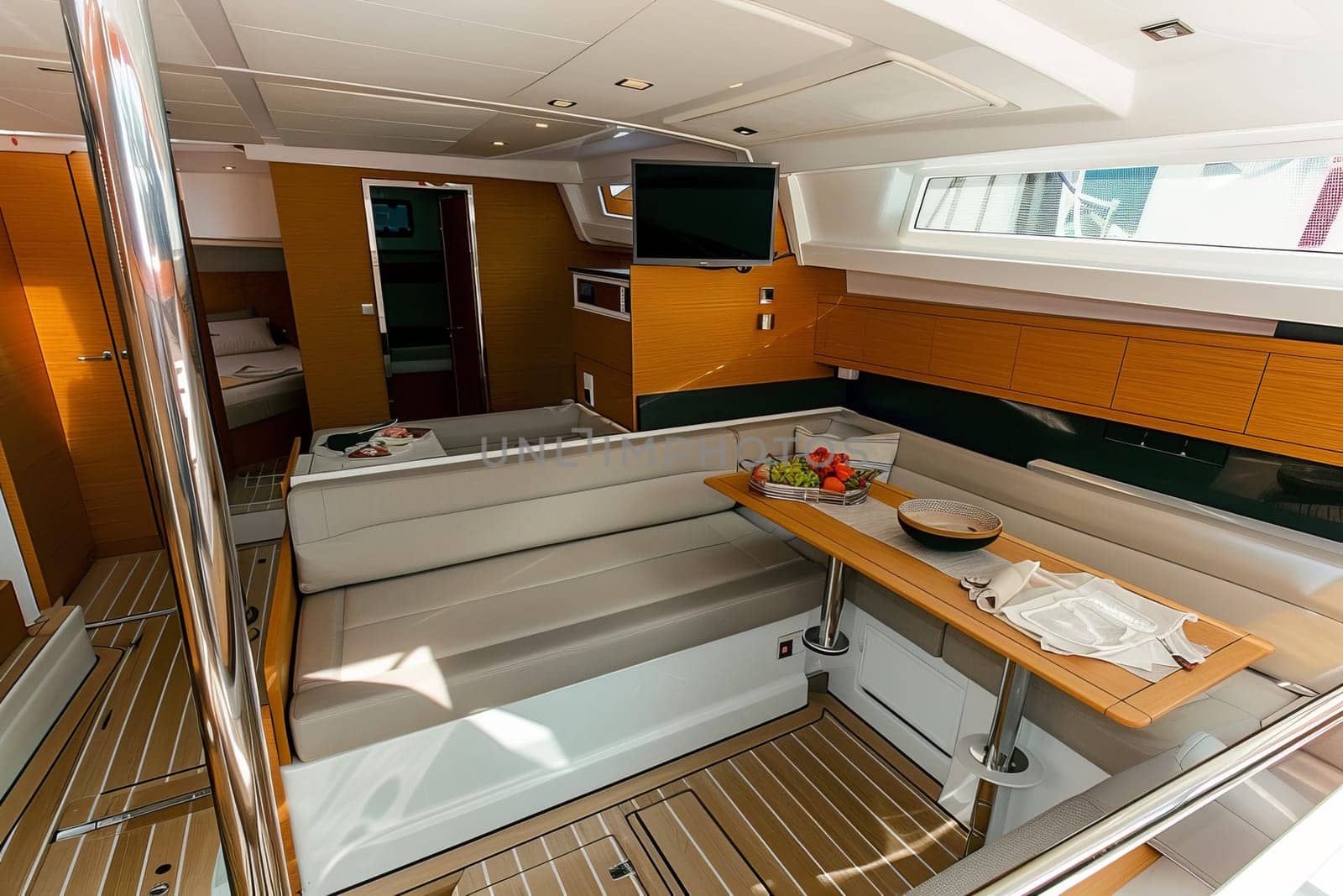 Luxurious modern yacht interior with dining area and tv in sunlit cabin.