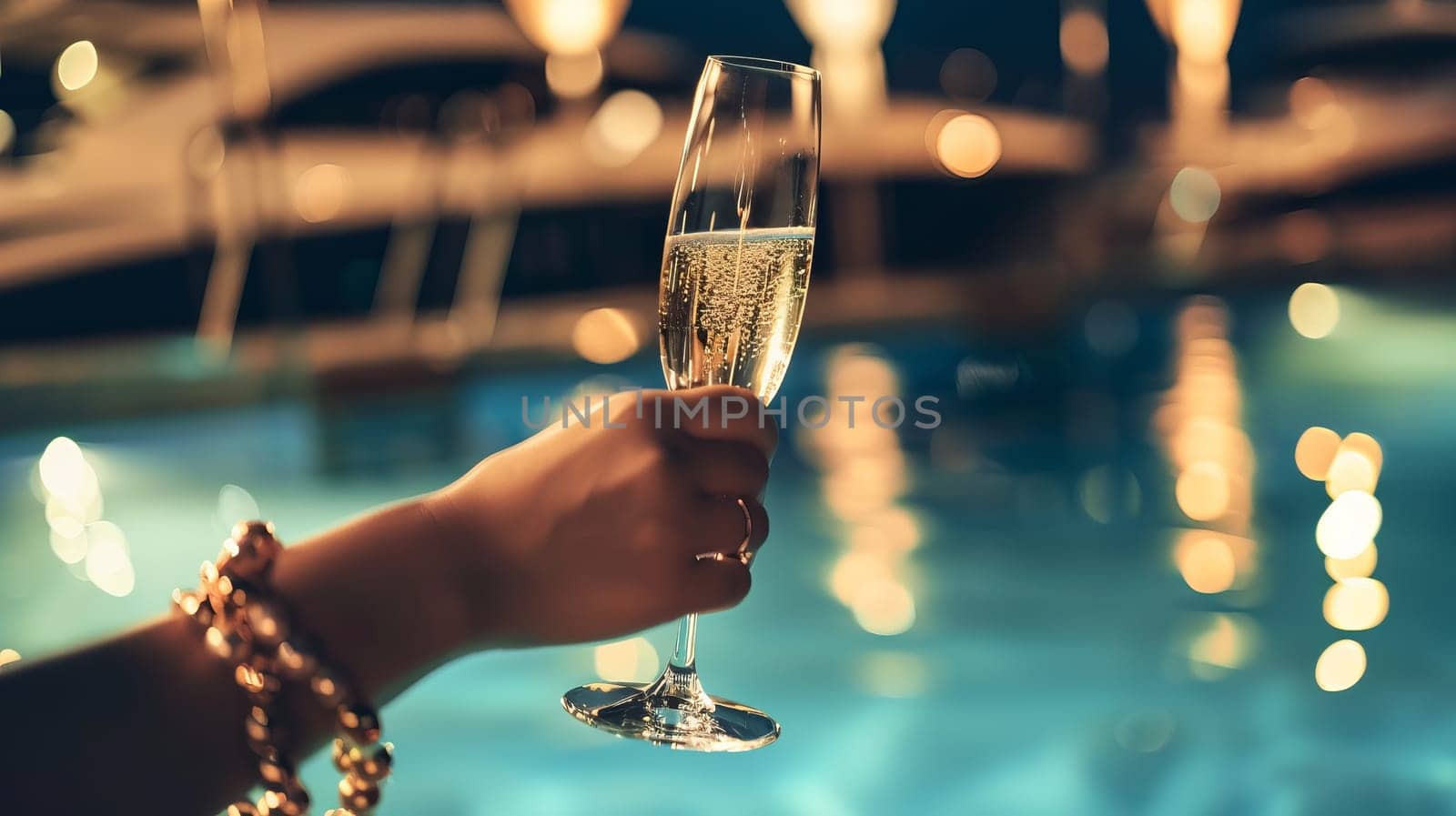 Close-up of female hand holding champagne glass by swimming pool at night.