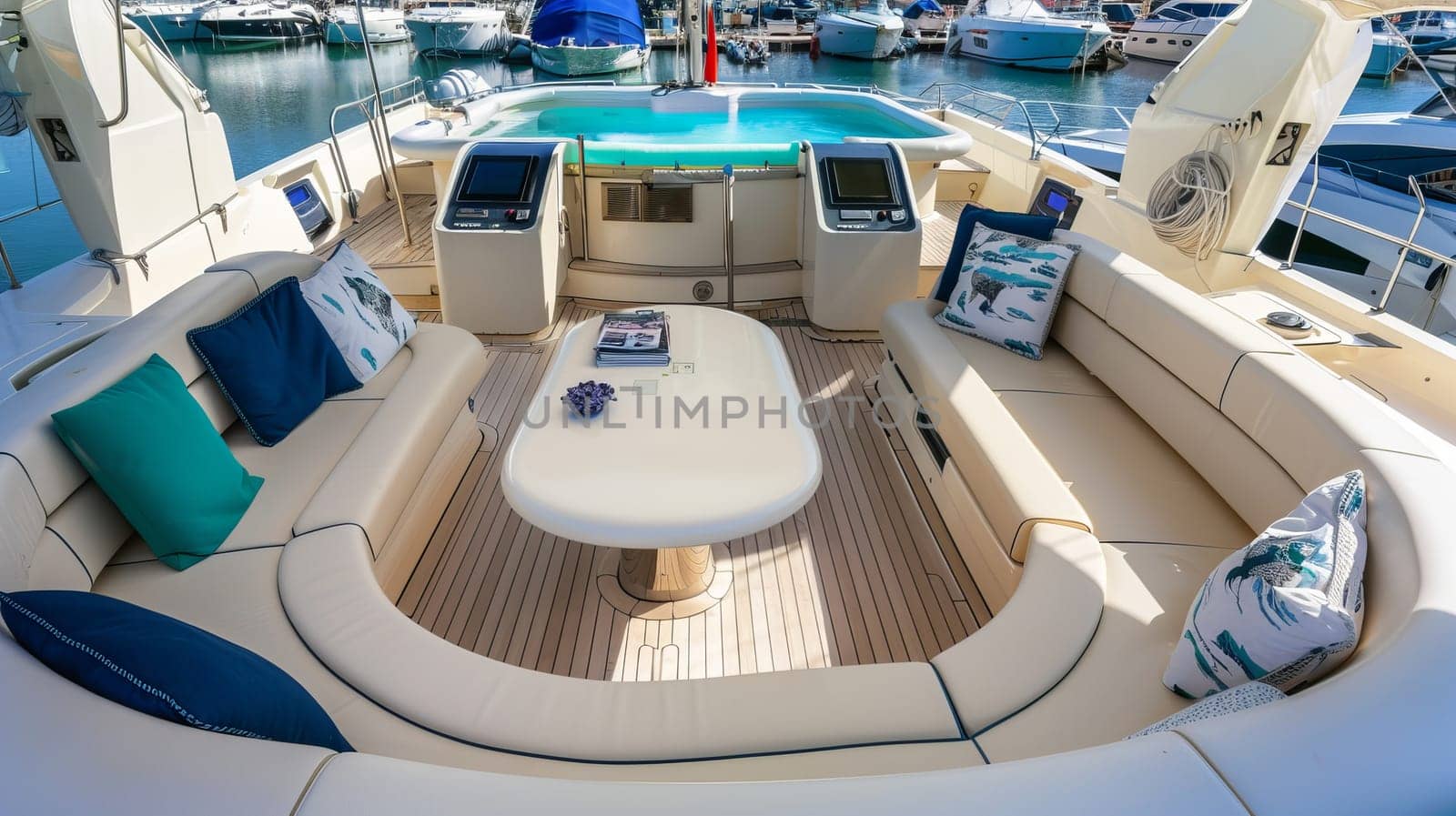 Luxurious yacht deck with pool and stylish seating in sunny marina.
