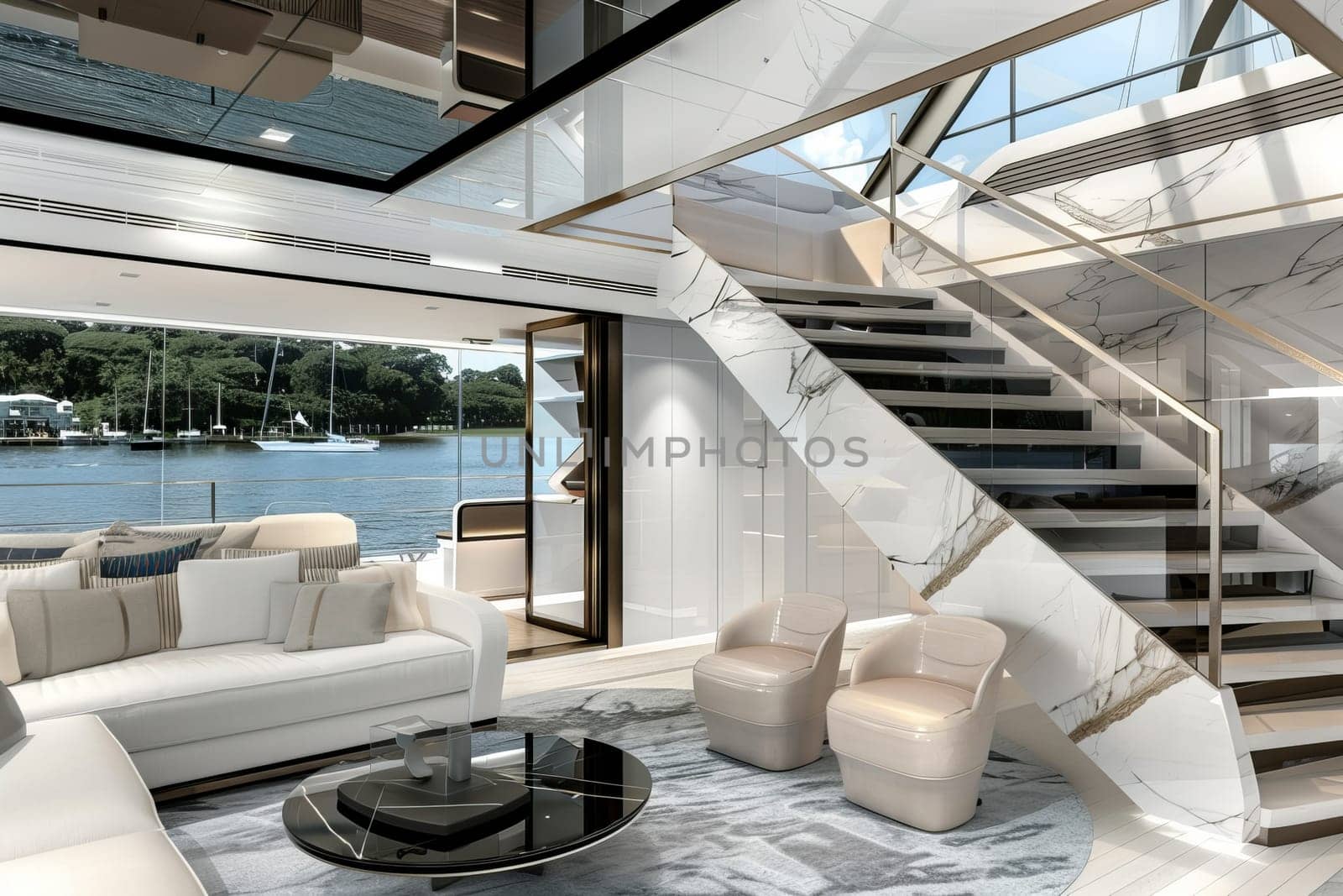 Luxurious yacht interior with modern design and scenic ocean view.