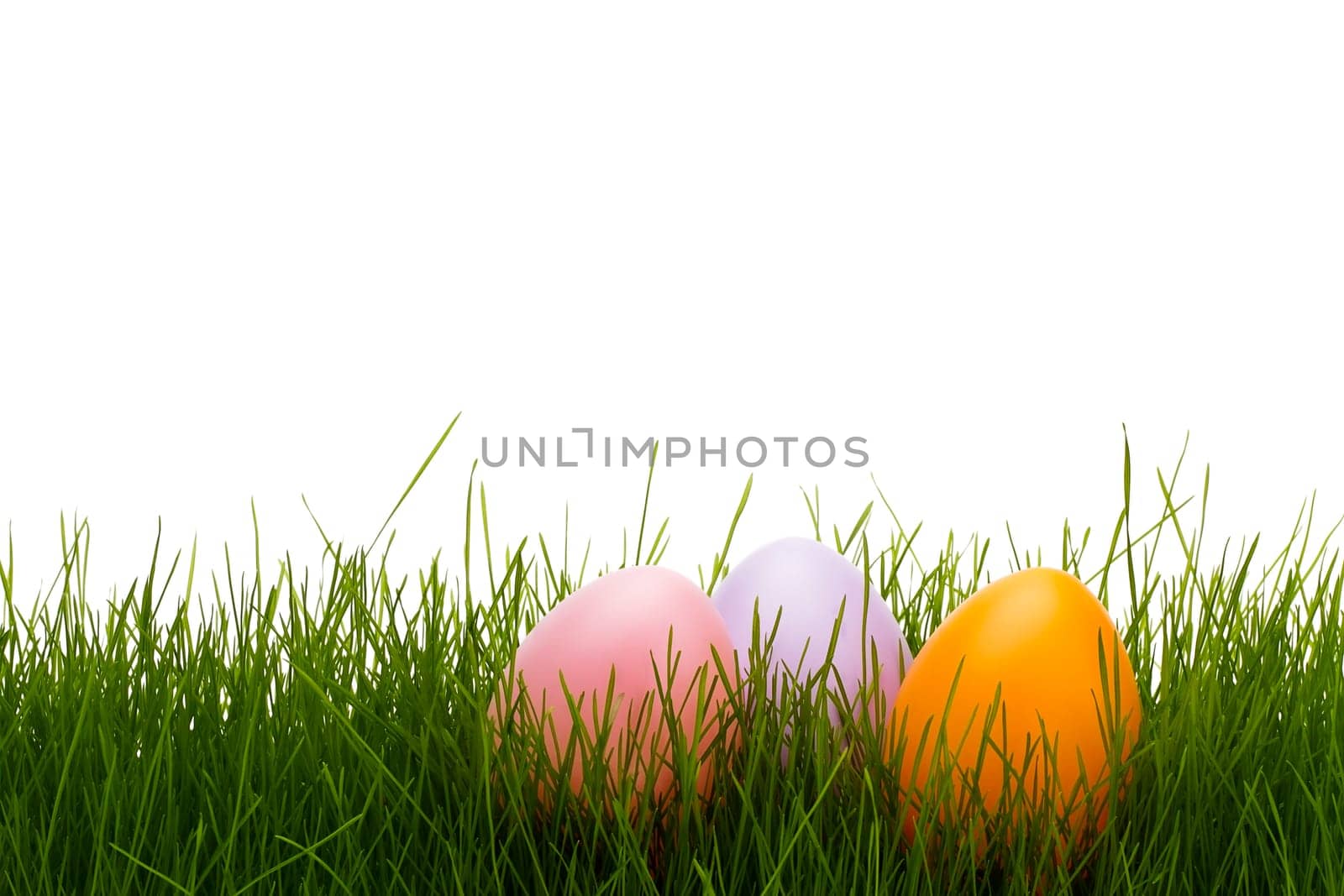 Three pastel Easter eggs in grass