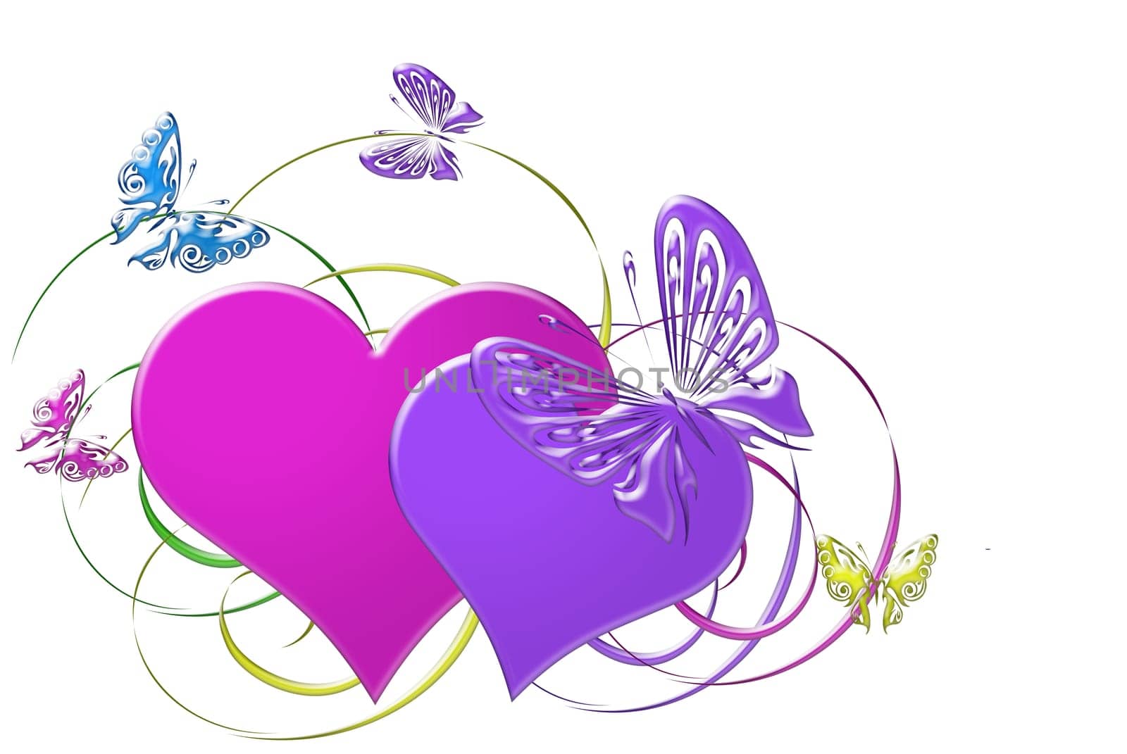 Colorful hearts with butterflies