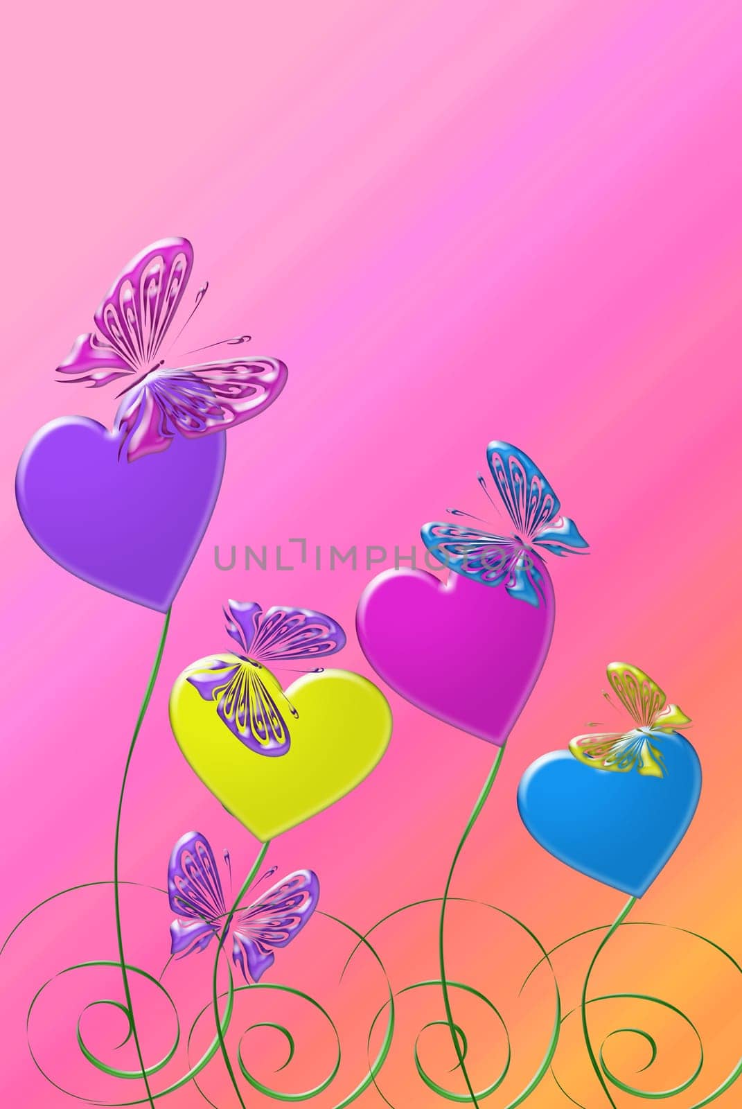 Colorful hearts with butterflies