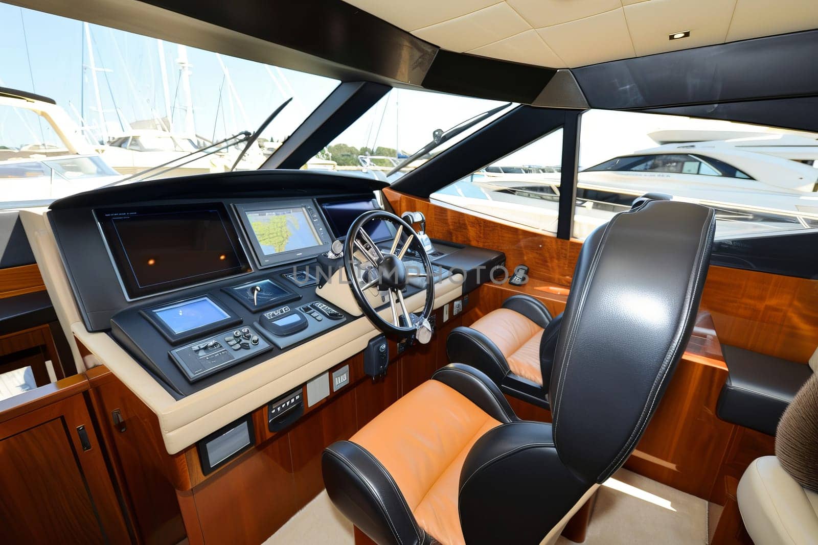 Luxury yacht cockpit with advanced navigation system and plush seats.