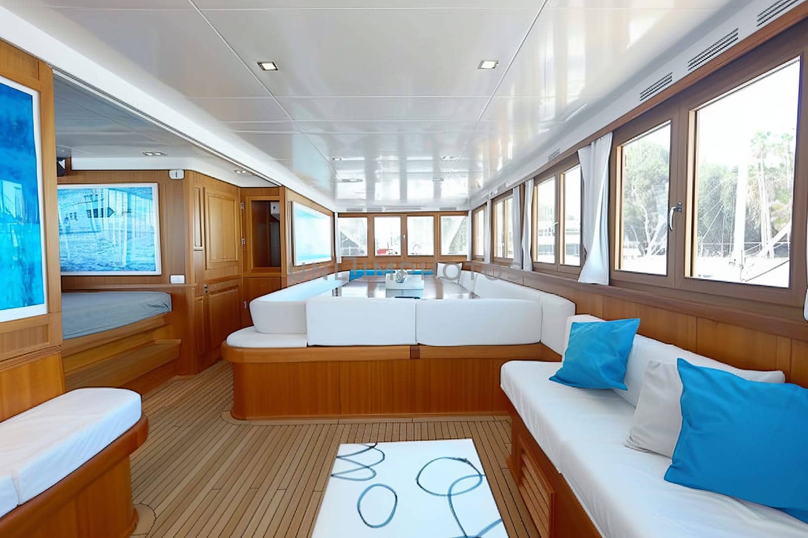 Luxurious yacht interior with wooden finish and white seating in sunlit room.
