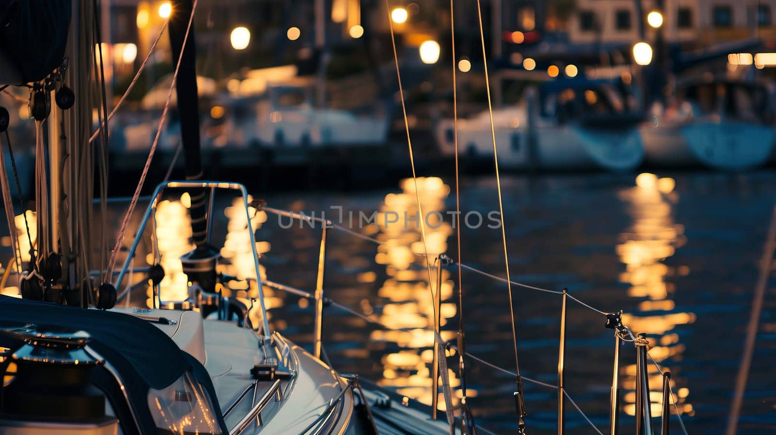 Sailboat at night with glowing reflections in marina.