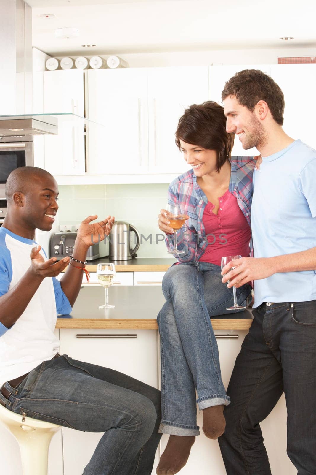Group Of Young Friends Enjoying Glass Of Wine In Modern Kitchen