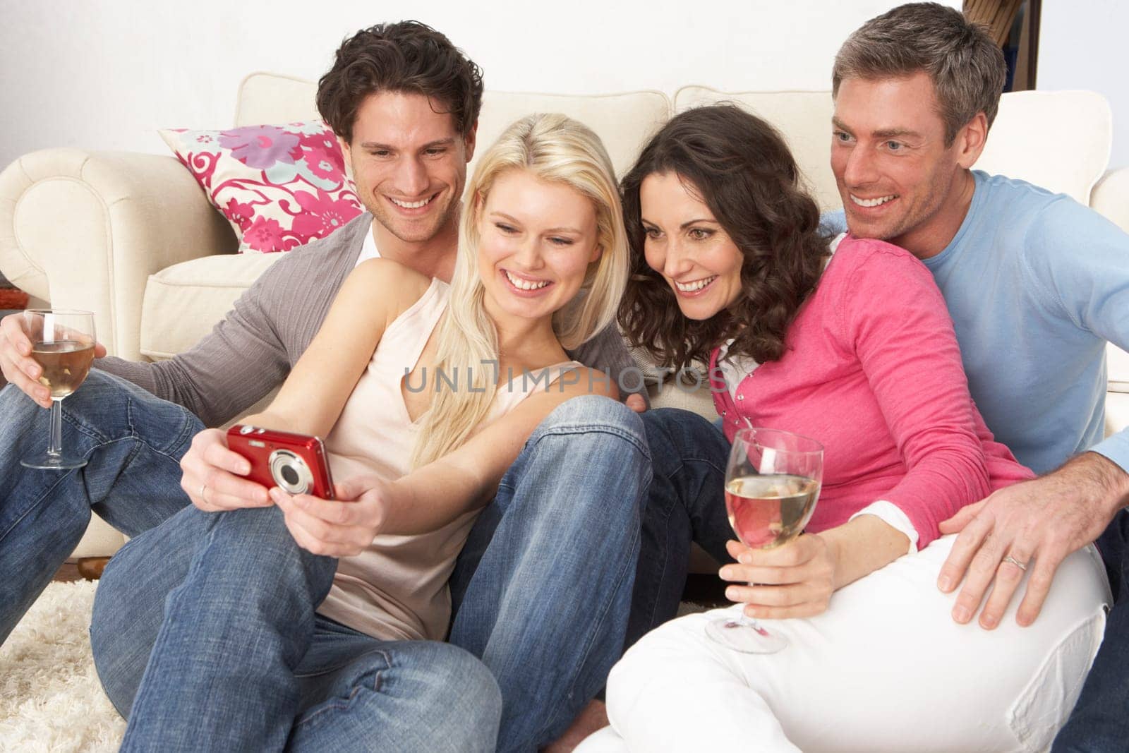 Group Of Friends Looking At Pictures On Digital Camera At Home