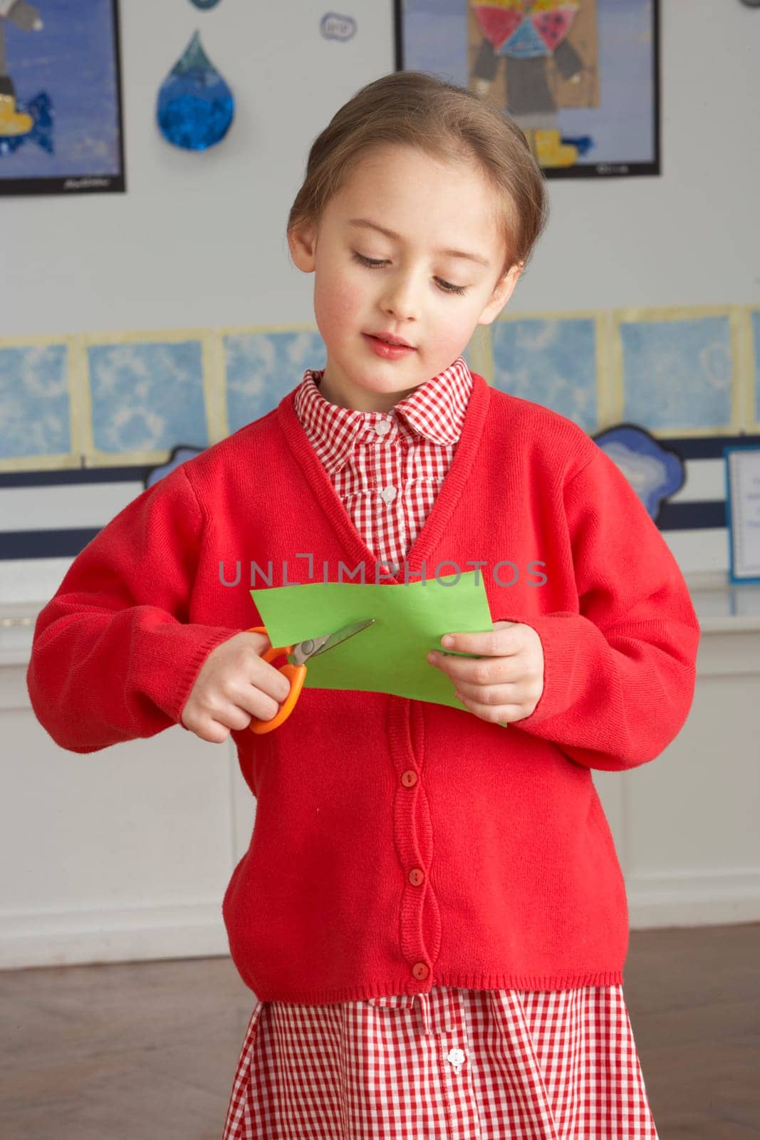 Female Primary School Pupil Cutting Out Paper Shapes In Craft Lesson