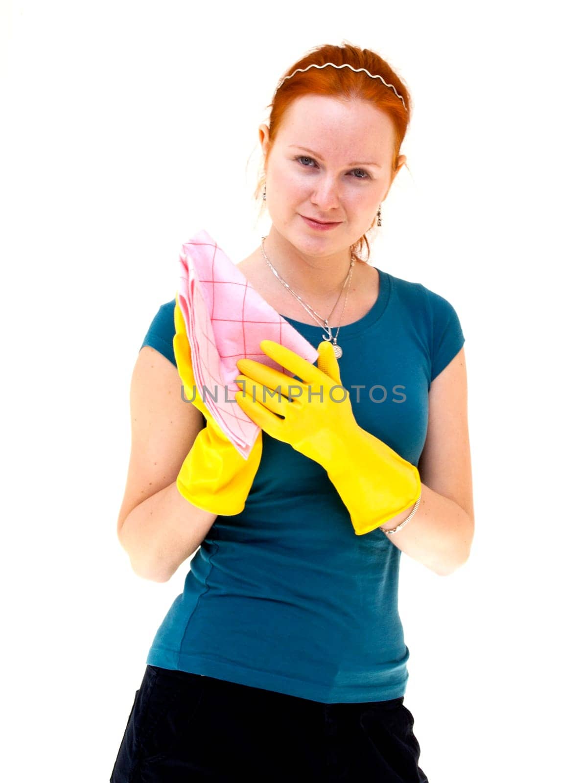 redhead young woman holding a rag