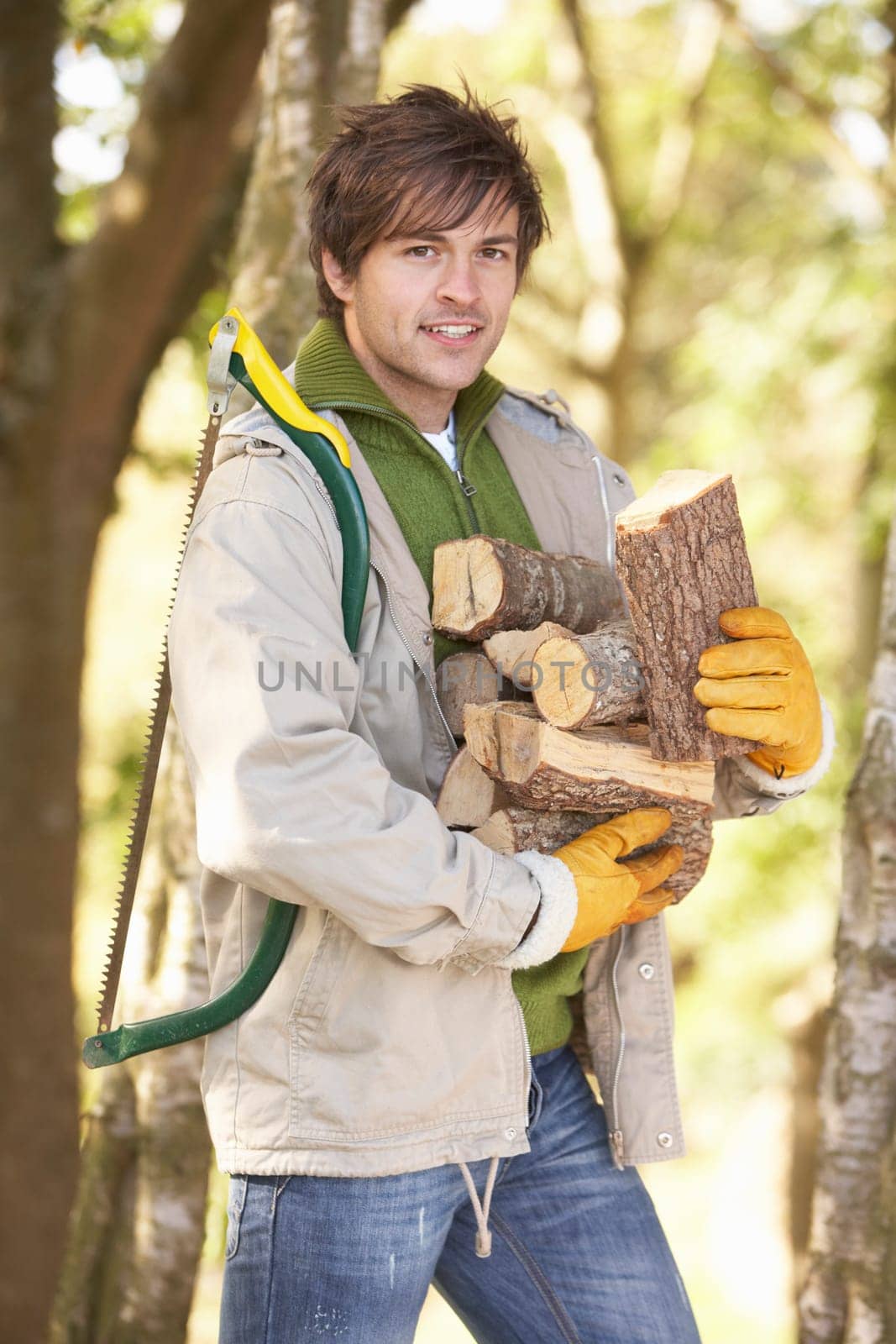 Man Outdoors In Autumn Woodland Gathering Logs