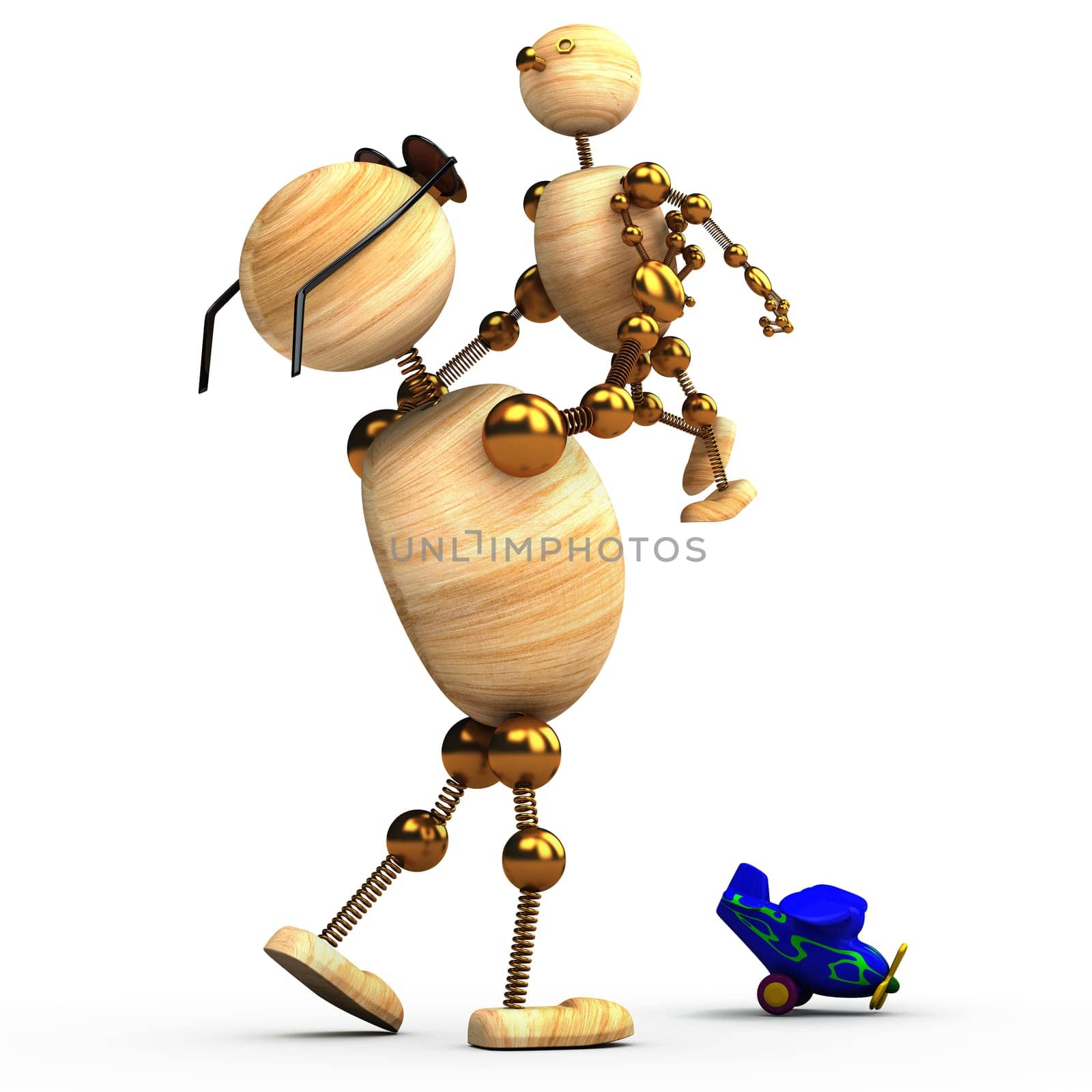 3d wood man holding a chlid