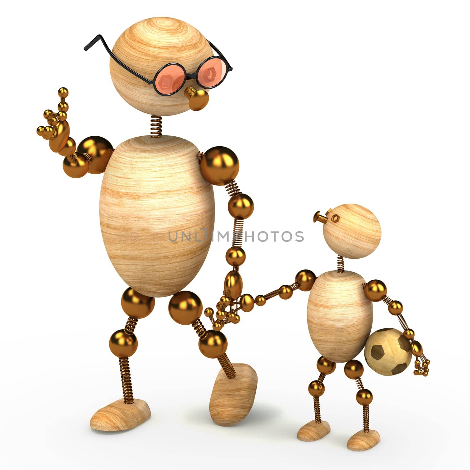 3d wood man holding a chlid