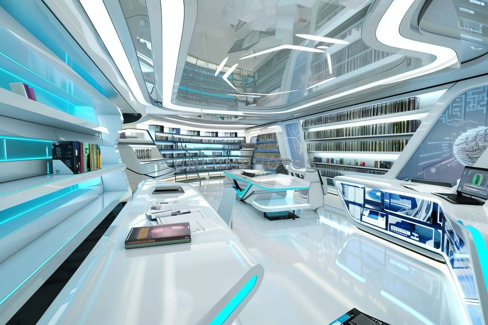 Futuristic library with advanced technology and sleek design