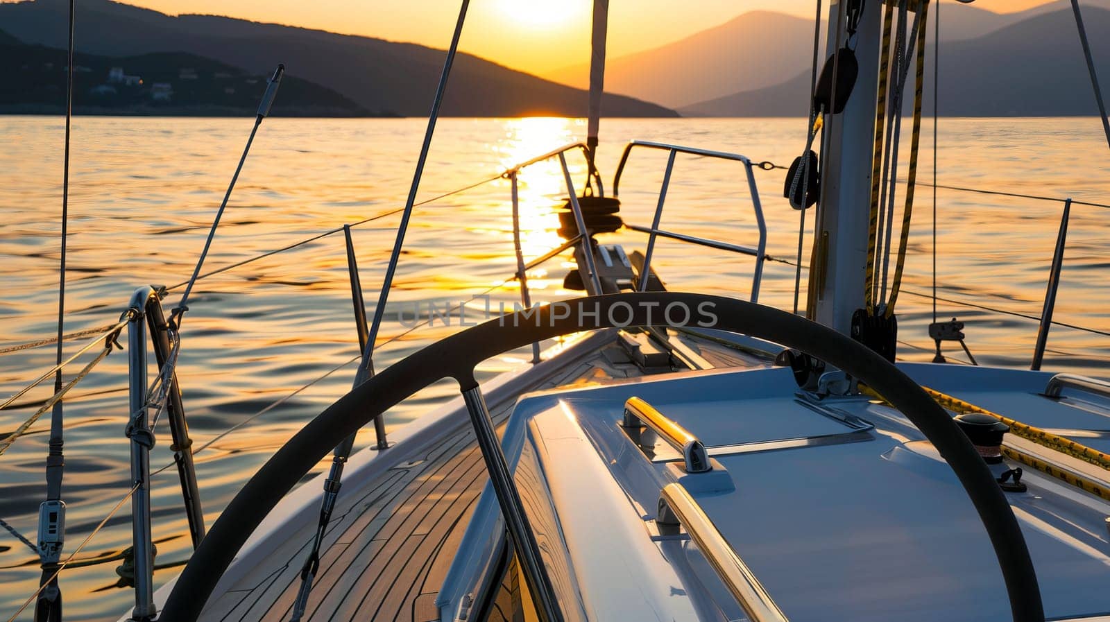 Serene sunset sailboat ride on tranquil waters with distant hills.
