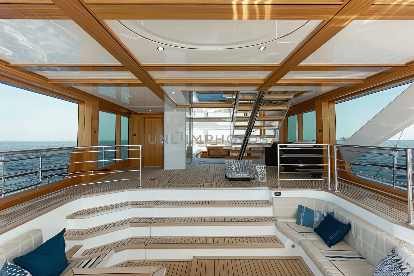 Luxurious yacht interior with modern design and elegant wooden finishes.