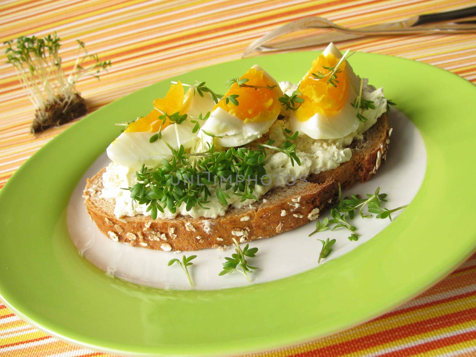 Wholemeal spelt bread with cream cheese and egg