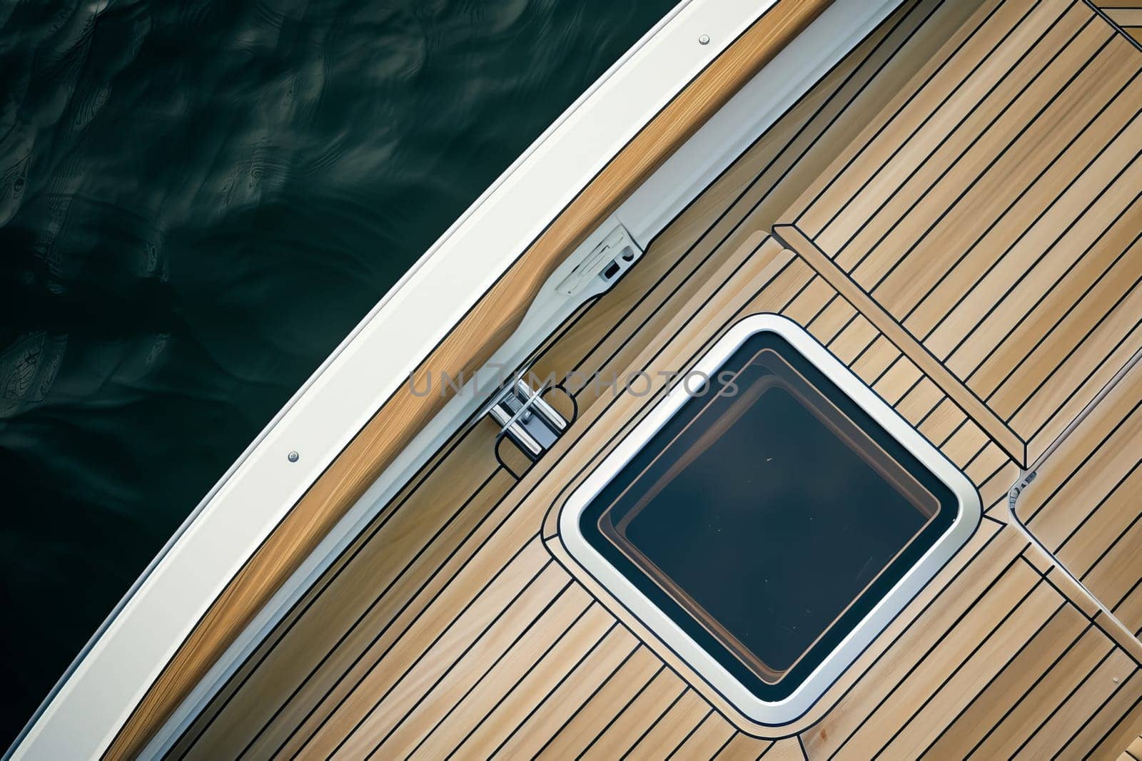 Wooden yacht deck with metal hatch and calm water view.