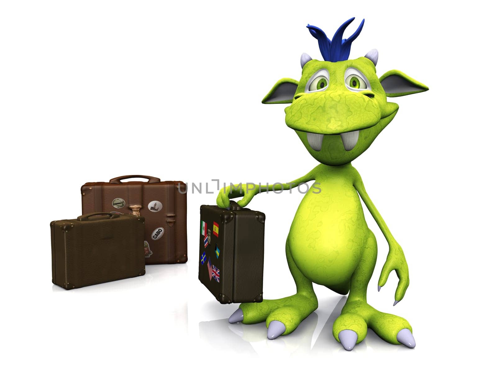 Cute cartoon monster with travel suitcase.