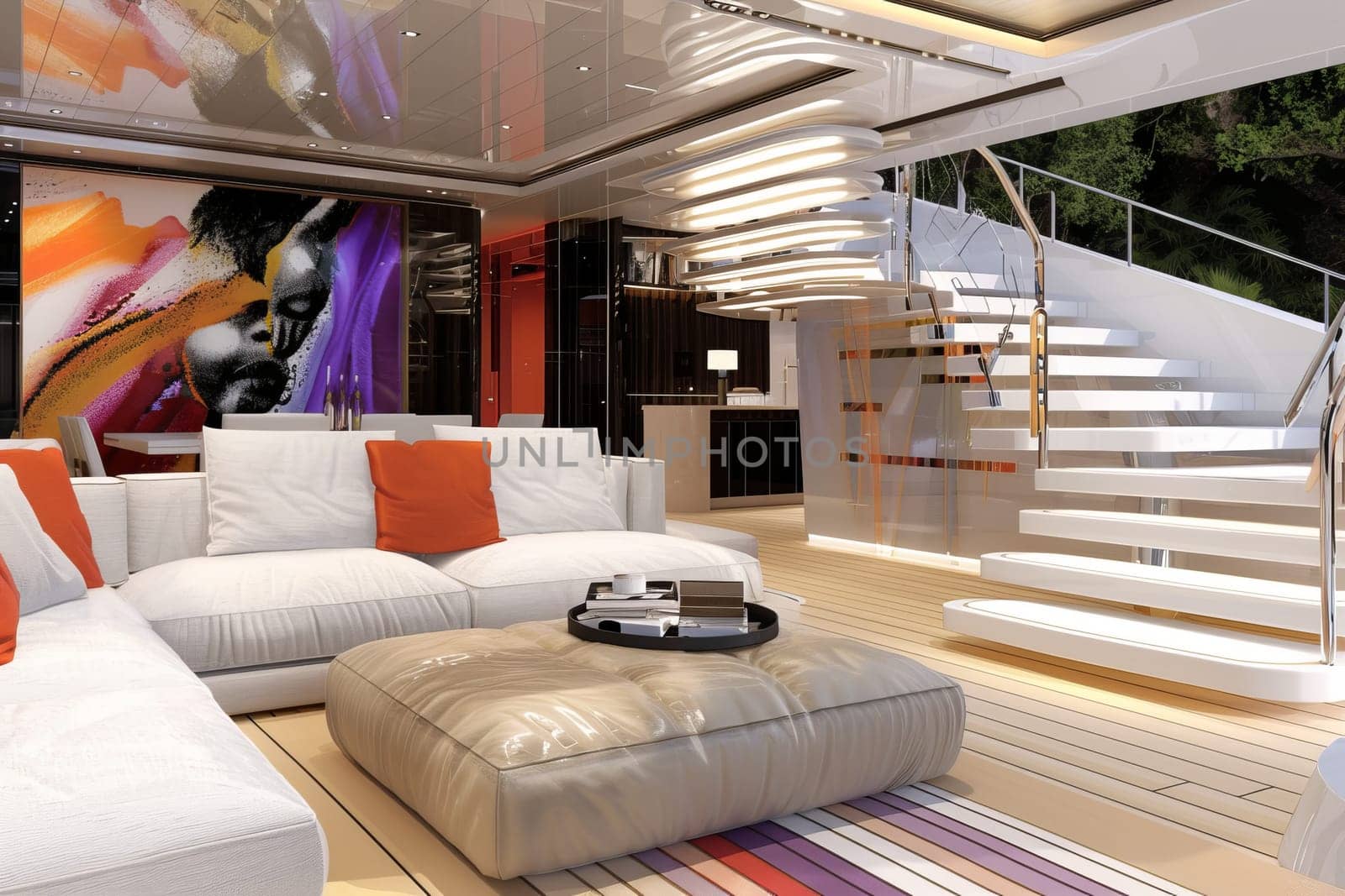 Modern yacht interior with contemporary art and spiral staircase.