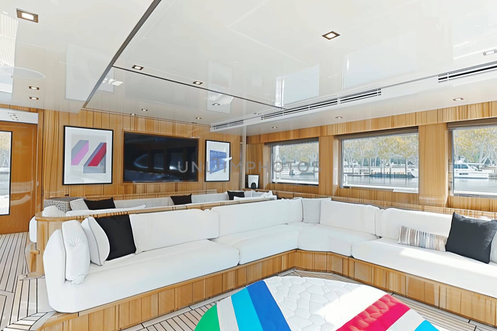 Luxury yacht interior with modern design and comfortable seating.