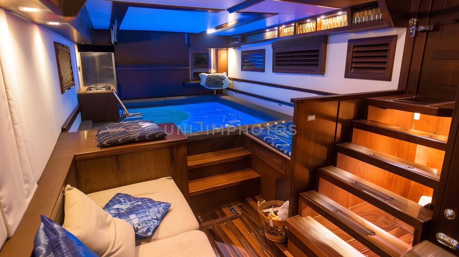 Luxurious indoor home swimming pool with elegant wooden decor.