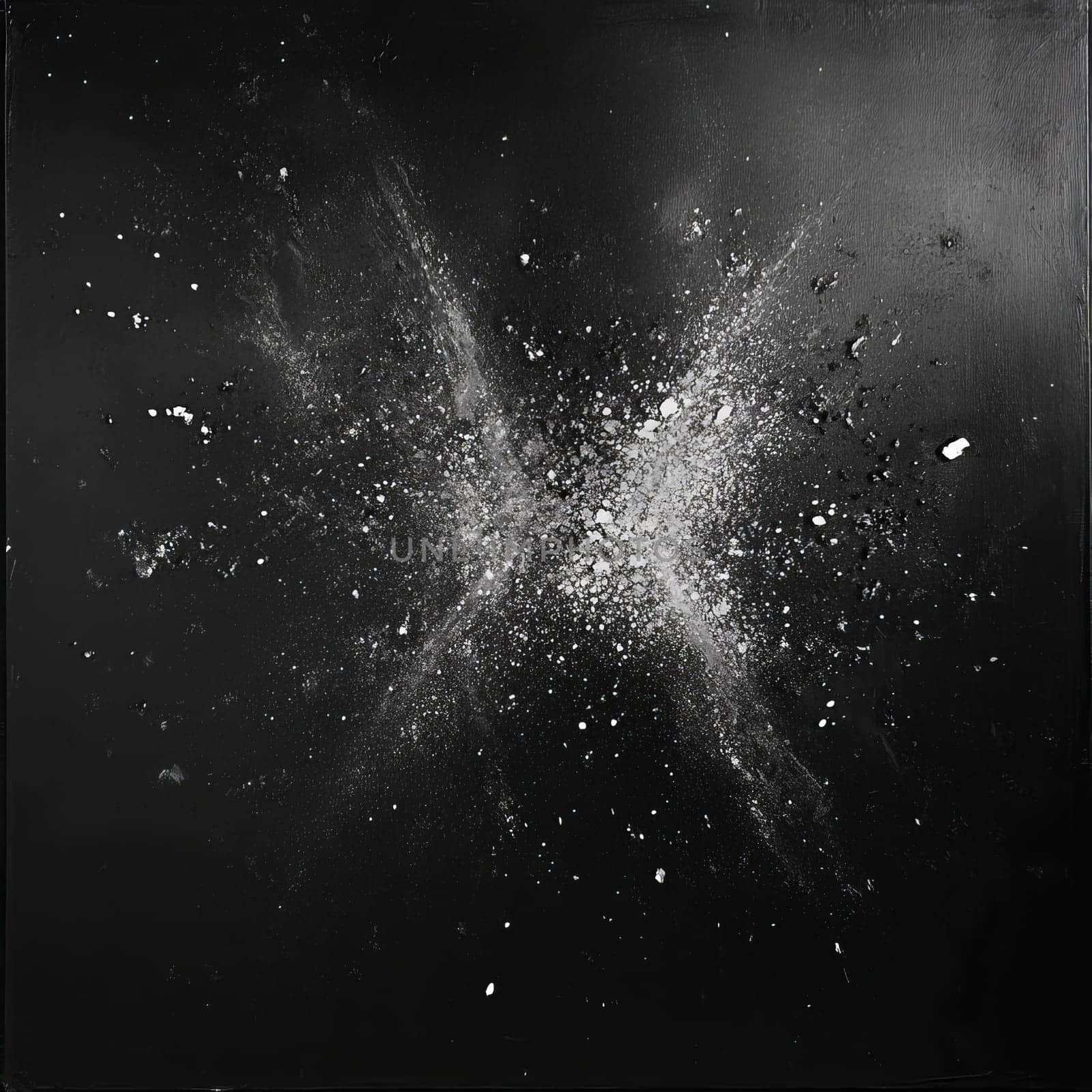 Dynamic explosion of light and dark particles on black background.