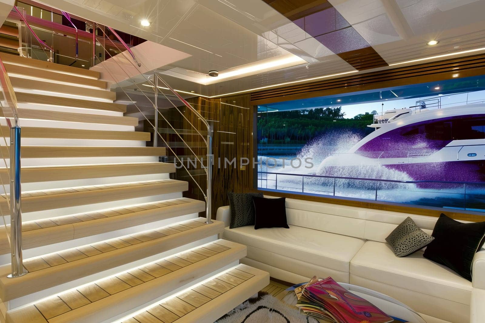 Luxurious yacht interior with modern staircase and scenic view through window.