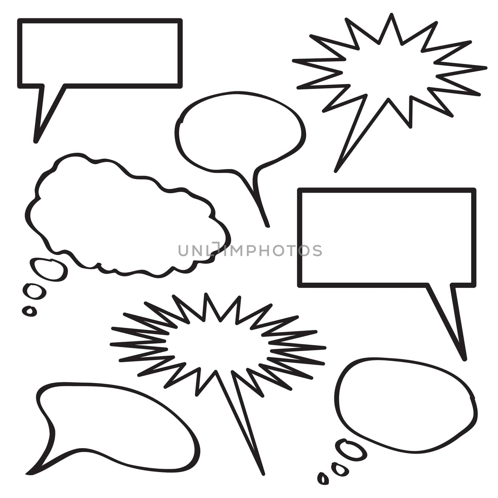 A collection of blank thought bubbles in black and white.