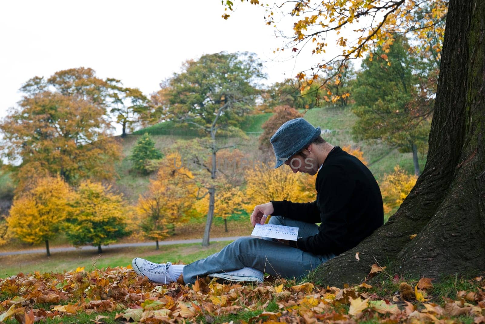 Young man reading under a tree in the park during autumn.