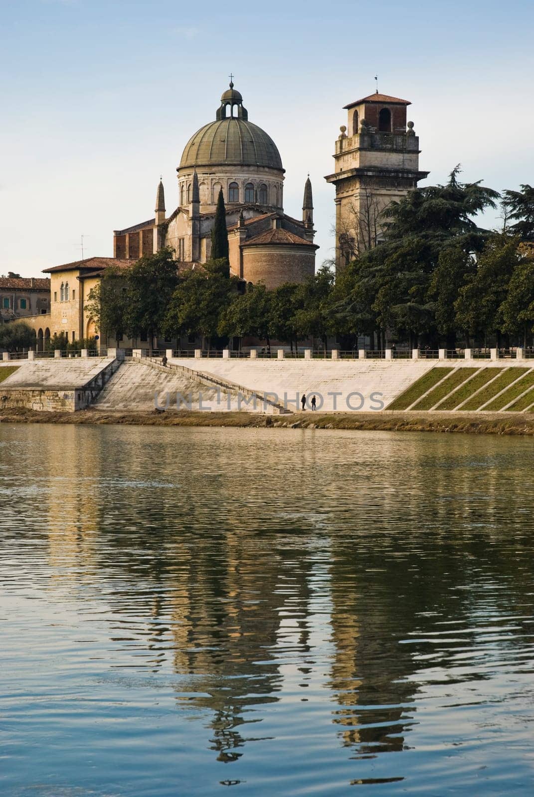 Postcard style shot of San George&#039 s Church with Adige River, Verona, Italy