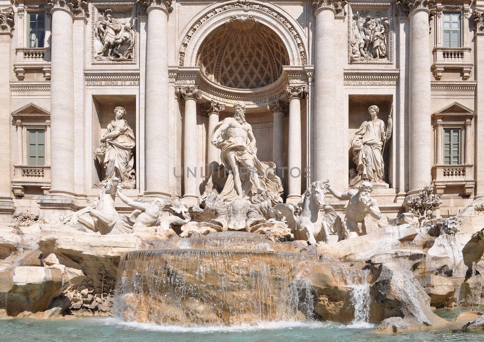Baroque Trevi Fountain (Fontana di Trevi) in Rome, Italy - rectilinear frontal view