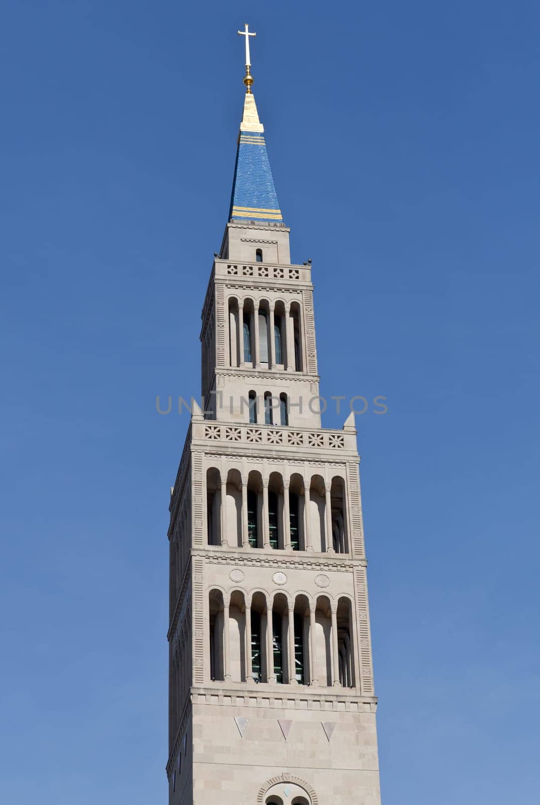 Bell Tower of Basilica of the National Shrine of the Immaculate Conception in Washington DC on a clear winter day