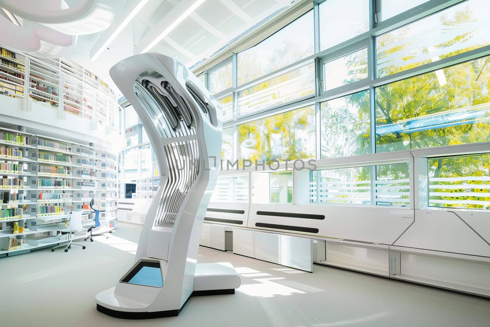Futuristic library interior with modern robotic scanner and bright natural lighting.