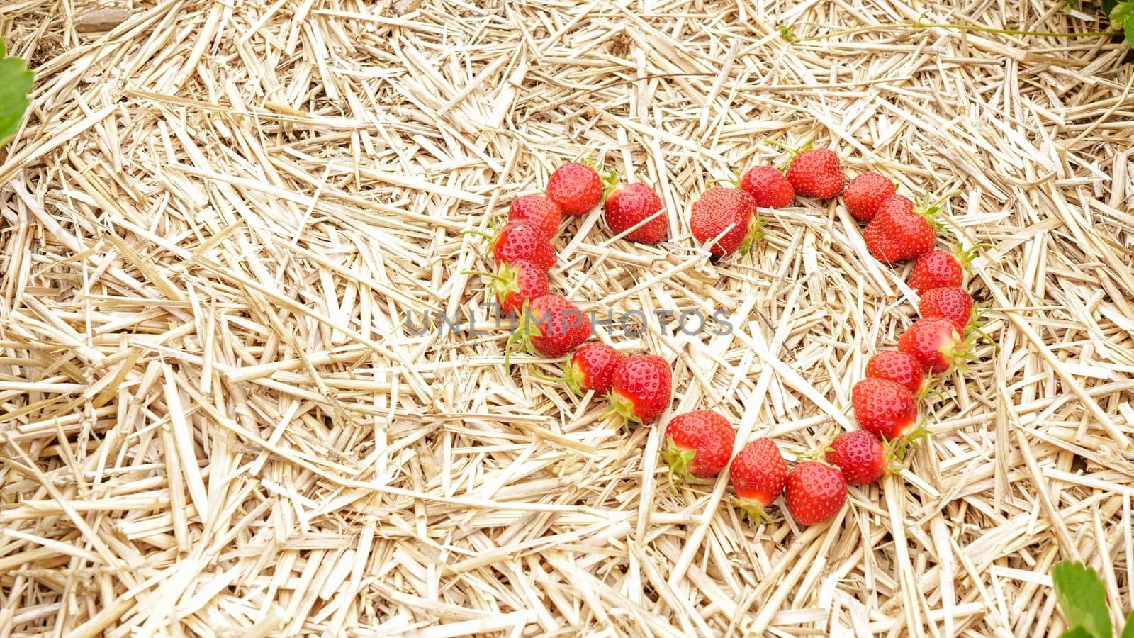 Photo of heart-shaped fresh strawberries on a straw background. Perfect for Valentine s Day or any occasion. Great for wallpaper, blogs, or marketing. Ideal for love-themed content.