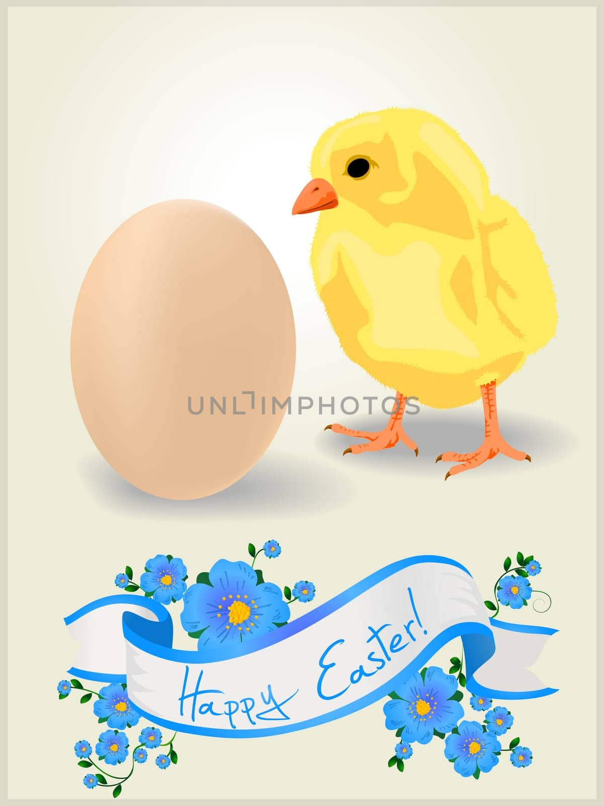 Celebration card for Easter. Chicken and egg and decorative floral banner