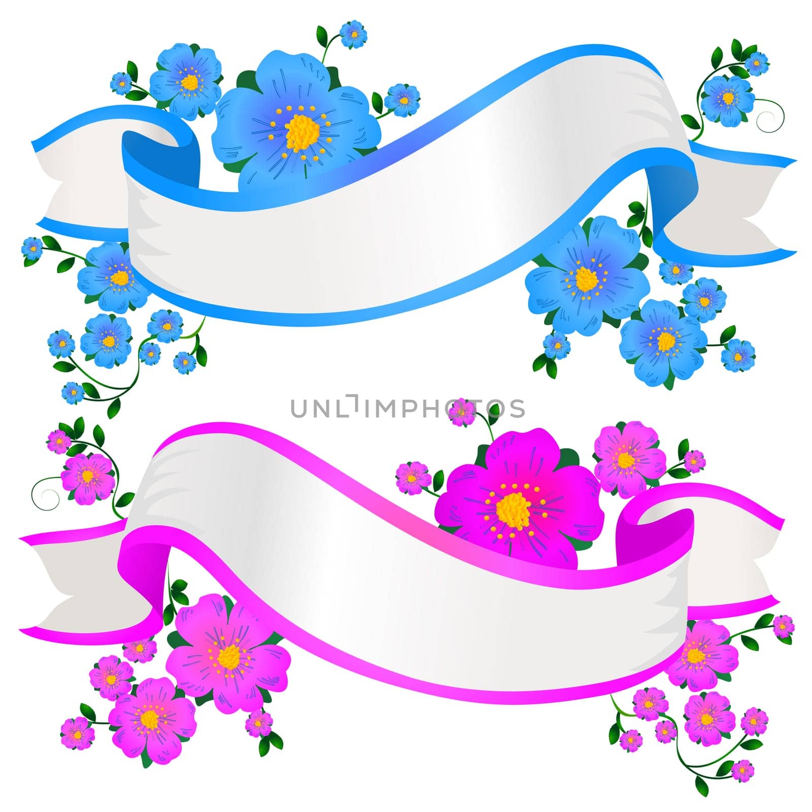 Two empty floral banners in pink and blue colors