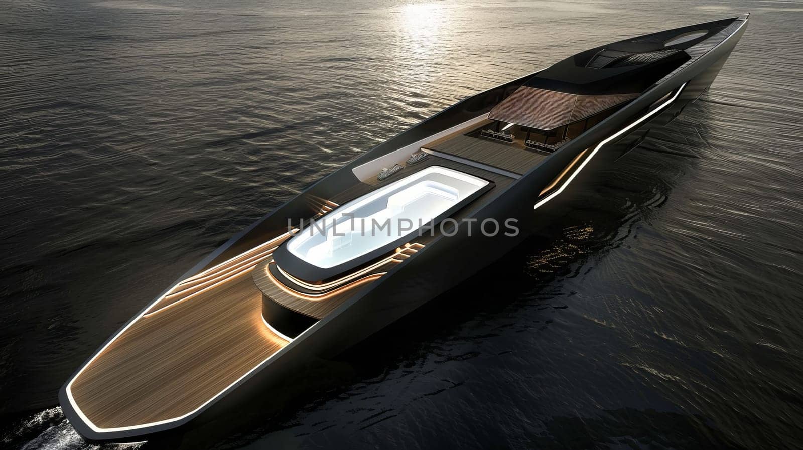 Luxurious modern yacht with sleek design and illuminated deck in serene waters.