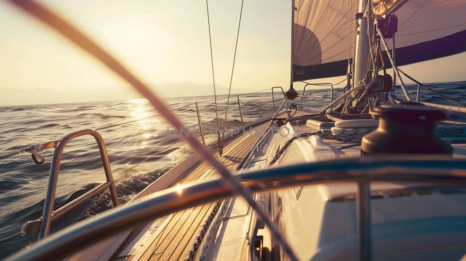 Peaceful sunset sailboat journey on open sea captured from deck perspective.