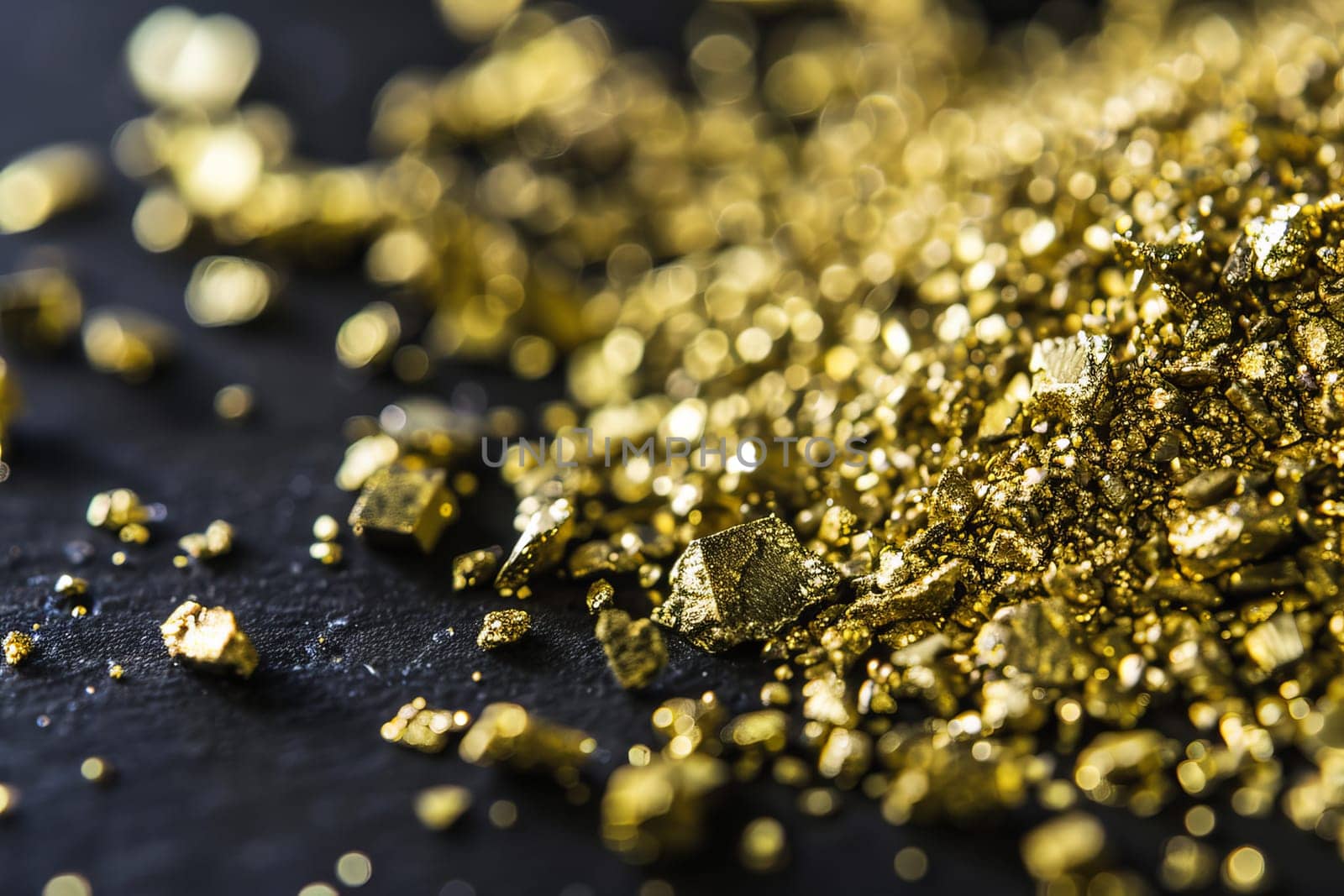 Close-up of shimmering gold nuggets on black surface.