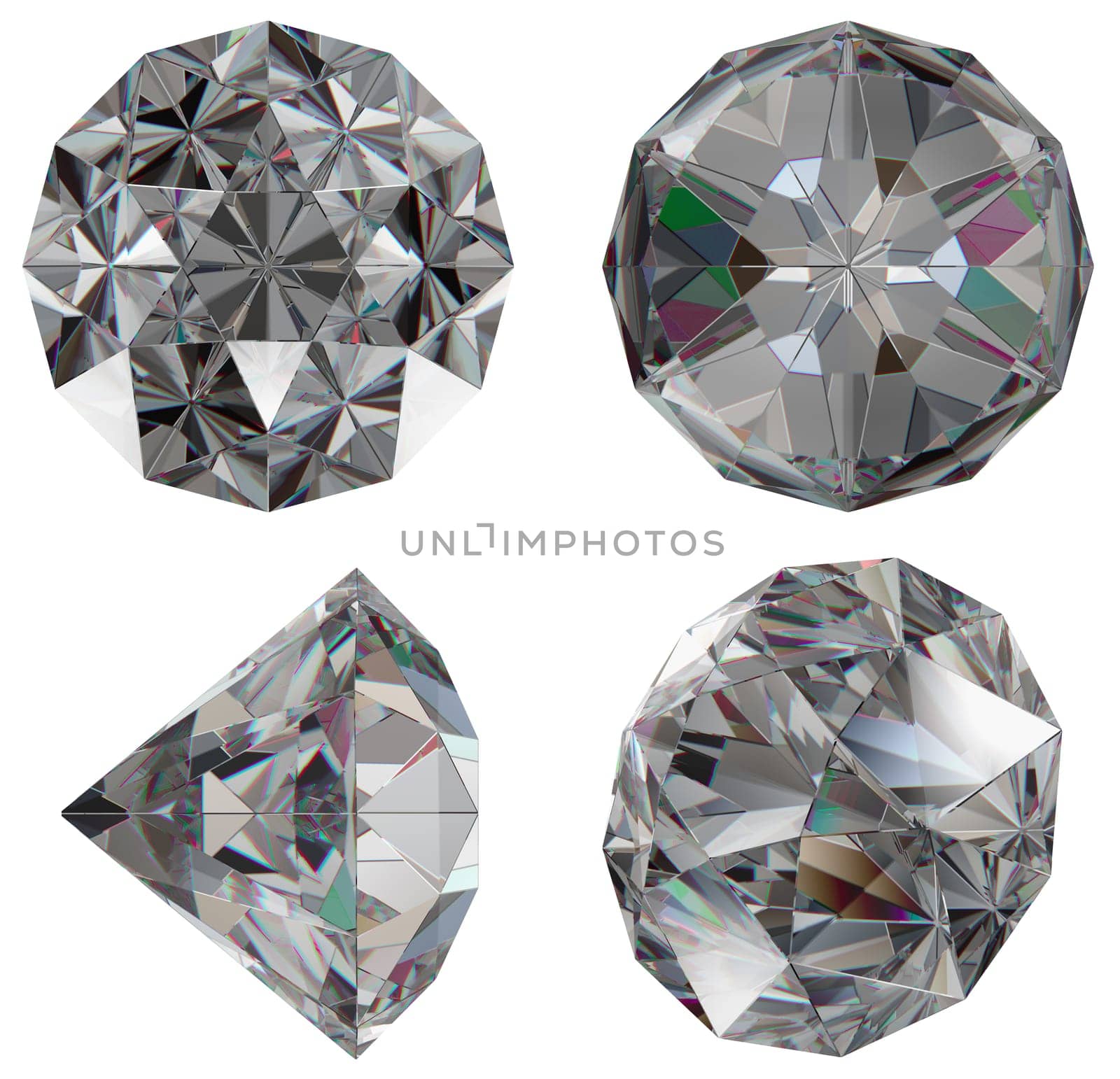 Diamond gem isolated different views with refraction