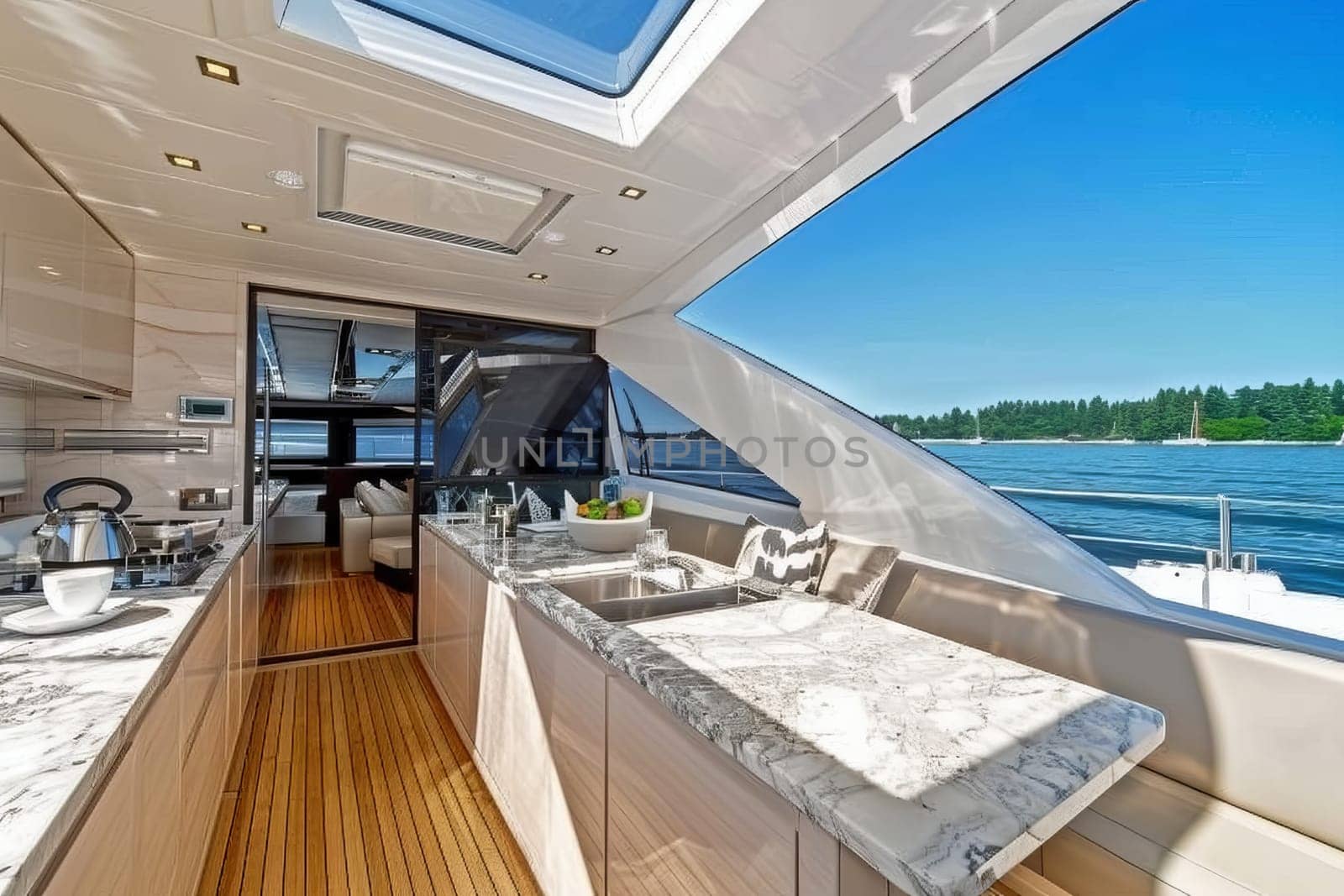 Luxurious yacht interior with modern kitchen and scenic ocean view.