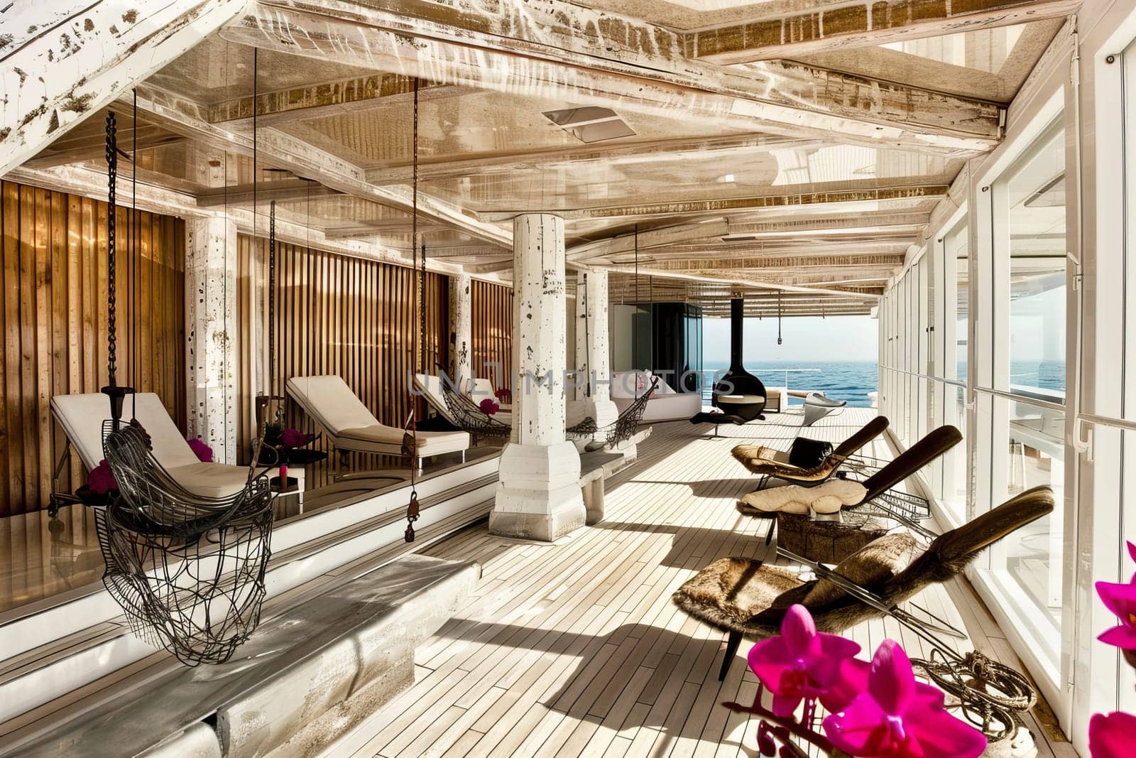 Luxurious oceanfront terrace with modern lounge chairs and hammocks.